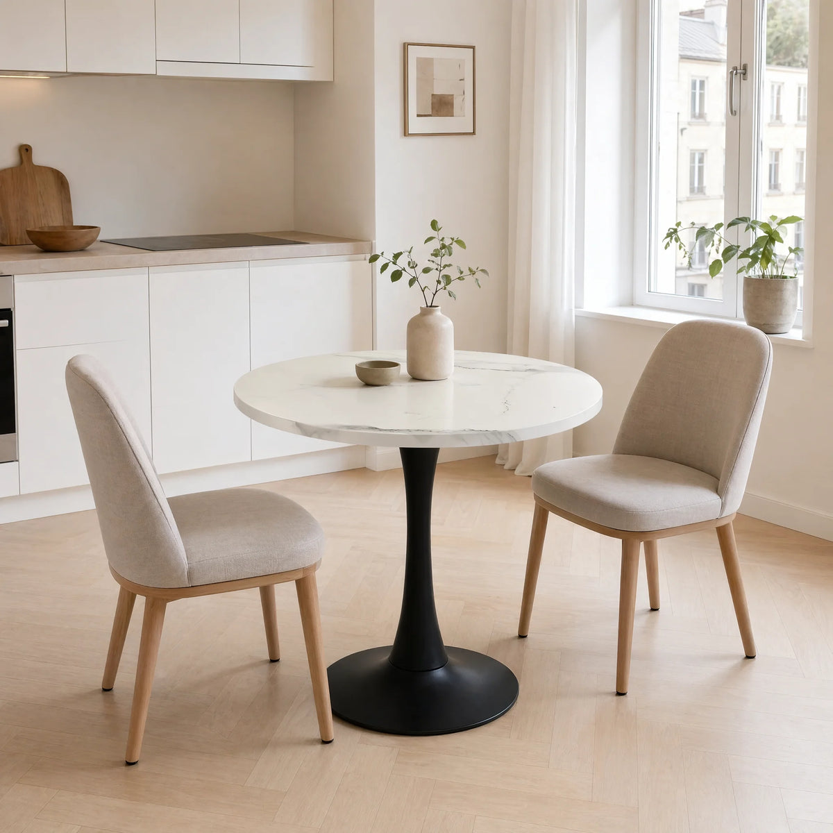 Luna – Table ronde effet marbre blanc, 2 à 4 personnes
