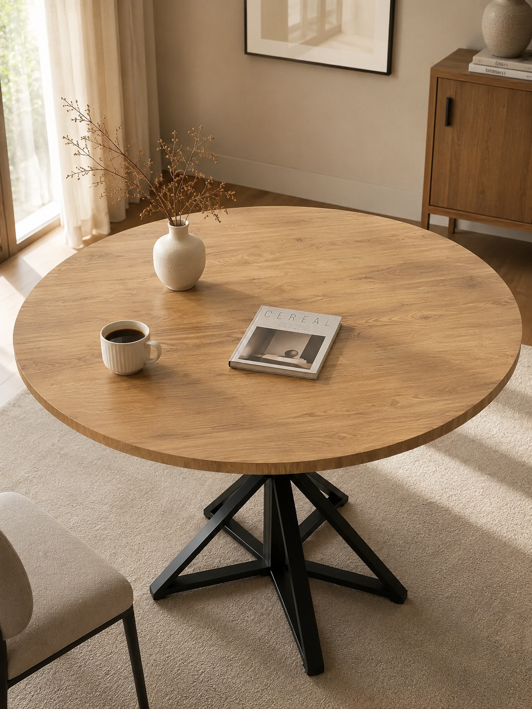 Chena – Table ronde chêne 4 à 6 personnes, pied central