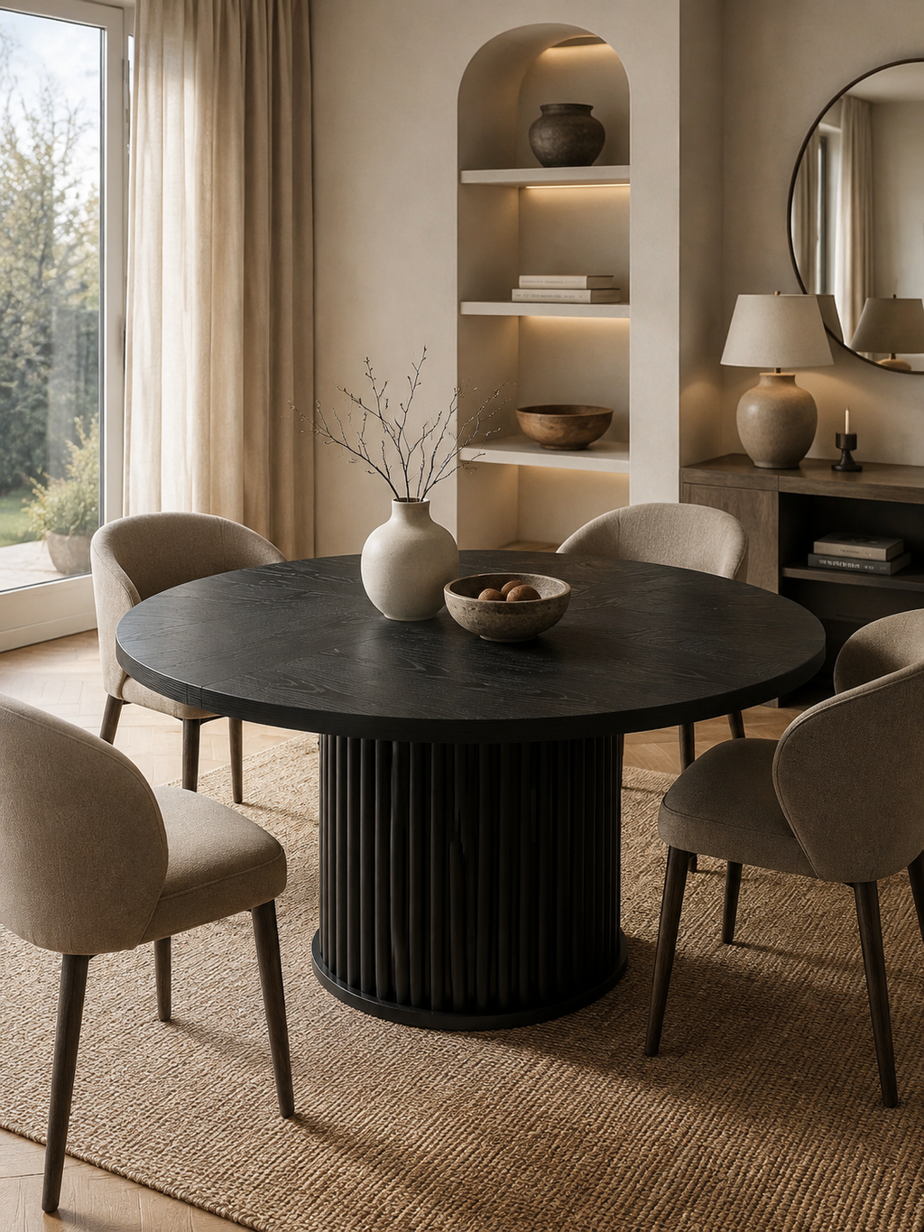 Fluta – Table ronde à manger noire 120cm, pied cannelé