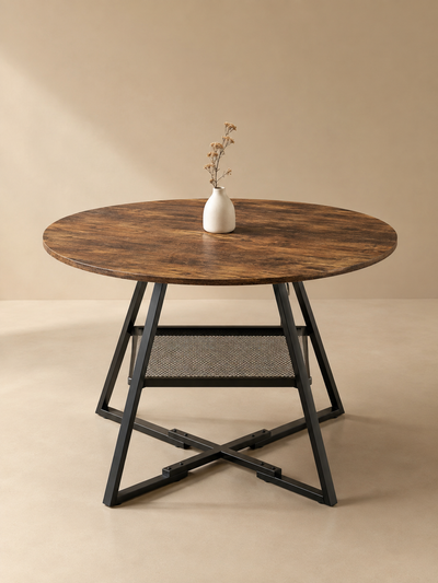 Etagera – Table ronde à manger effet bois 100cm, étagère