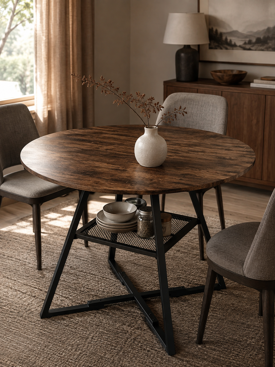 Etagera – Table ronde à manger effet bois 100cm, étagère