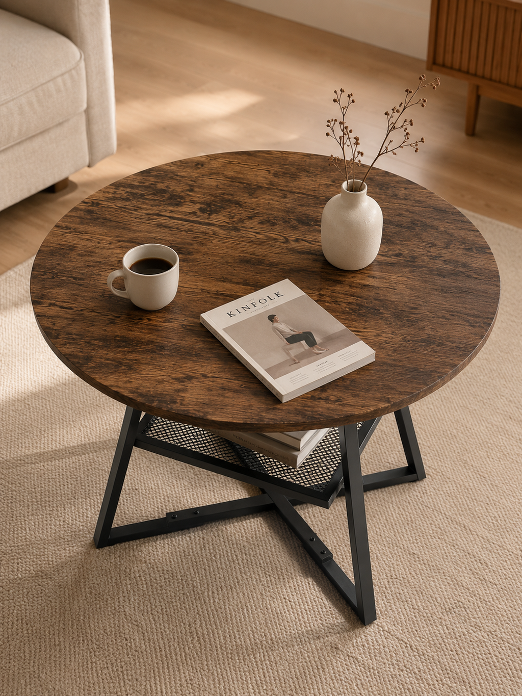Etagera – Table ronde à manger effet bois 100cm, étagère