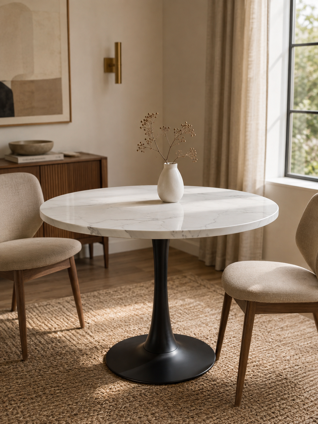 Luna – Table ronde effet marbre blanc, 2 à 4 personnes