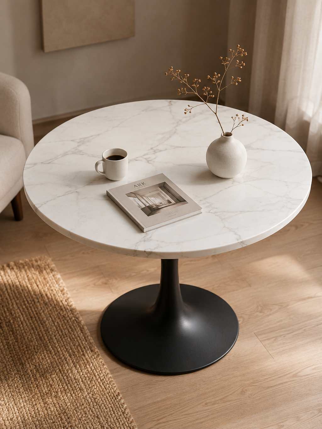 Luna – Table ronde effet marbre blanc, 2 à 4 personnes