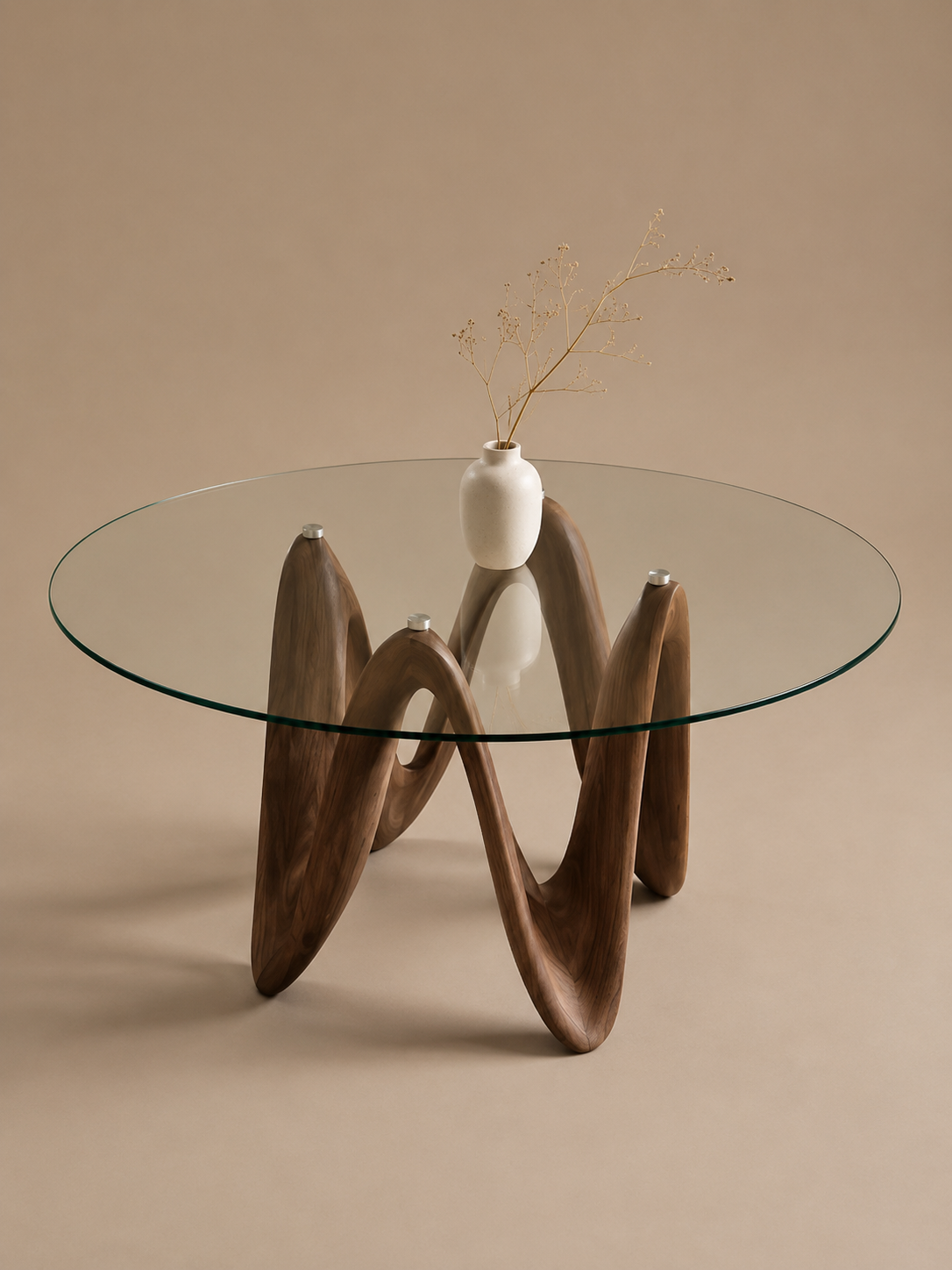 Onda – Table ronde à manger 4 à 6 personnes, verre et bois massif