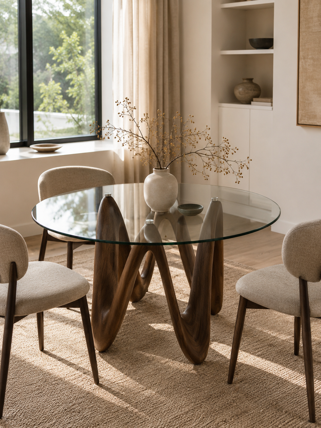 Onda – Table ronde à manger 4 à 6 personnes, verre et bois massif