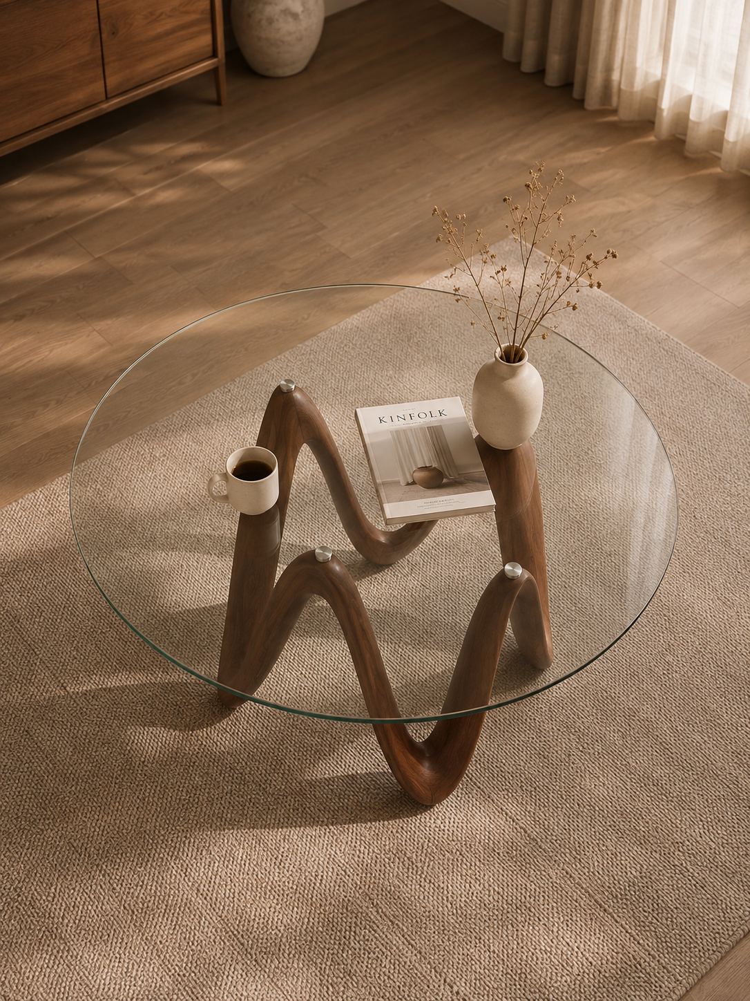 Onda – Table ronde à manger 4 à 6 personnes, verre et bois massif