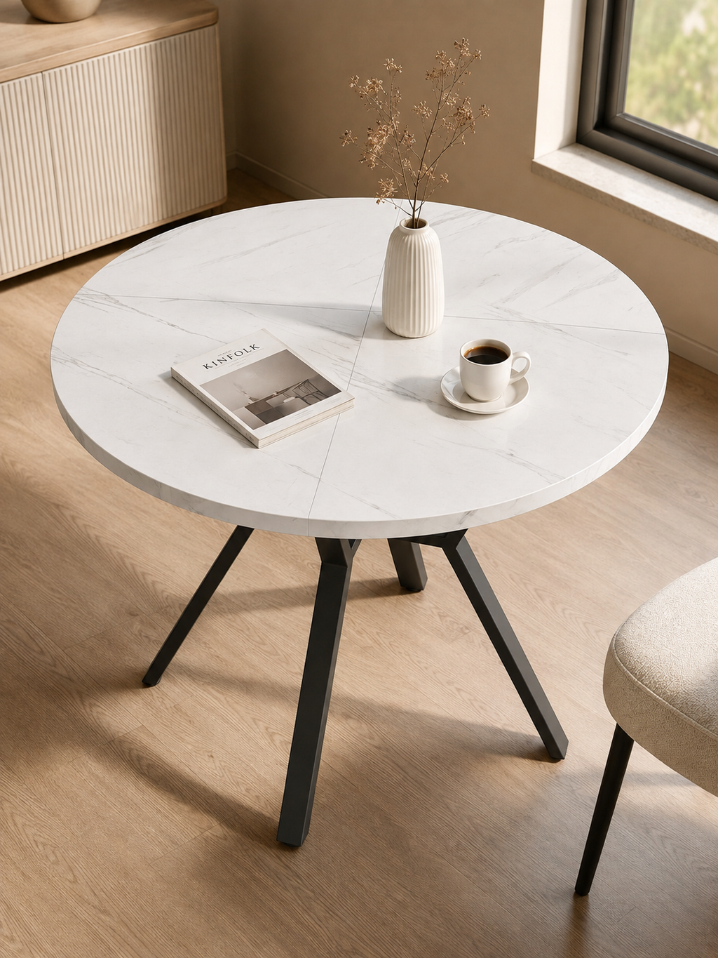 Xeno – Table ronde effet marbre 4 personnes, base X