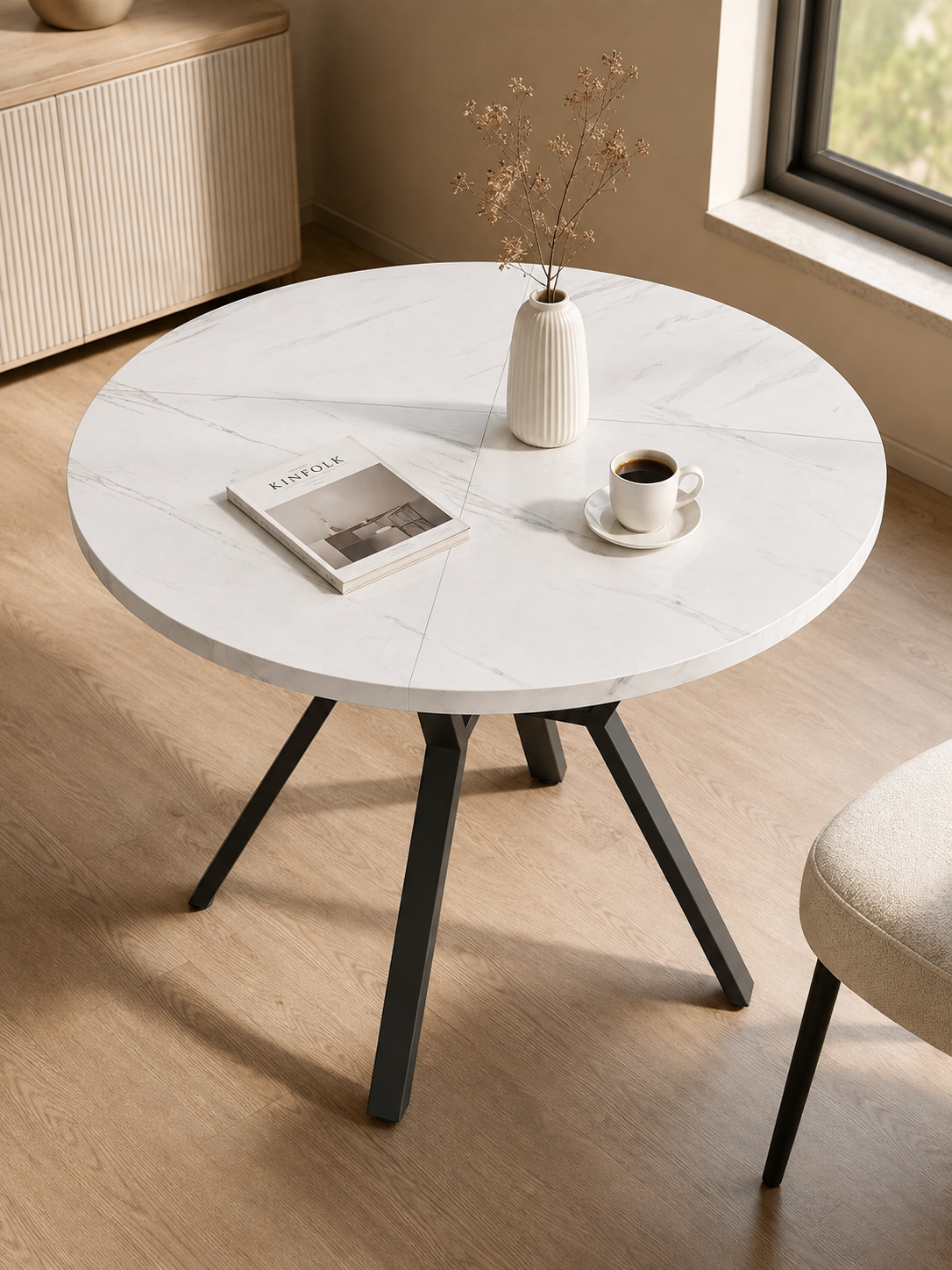 Xeno – Table ronde effet marbre 4 personnes, base X