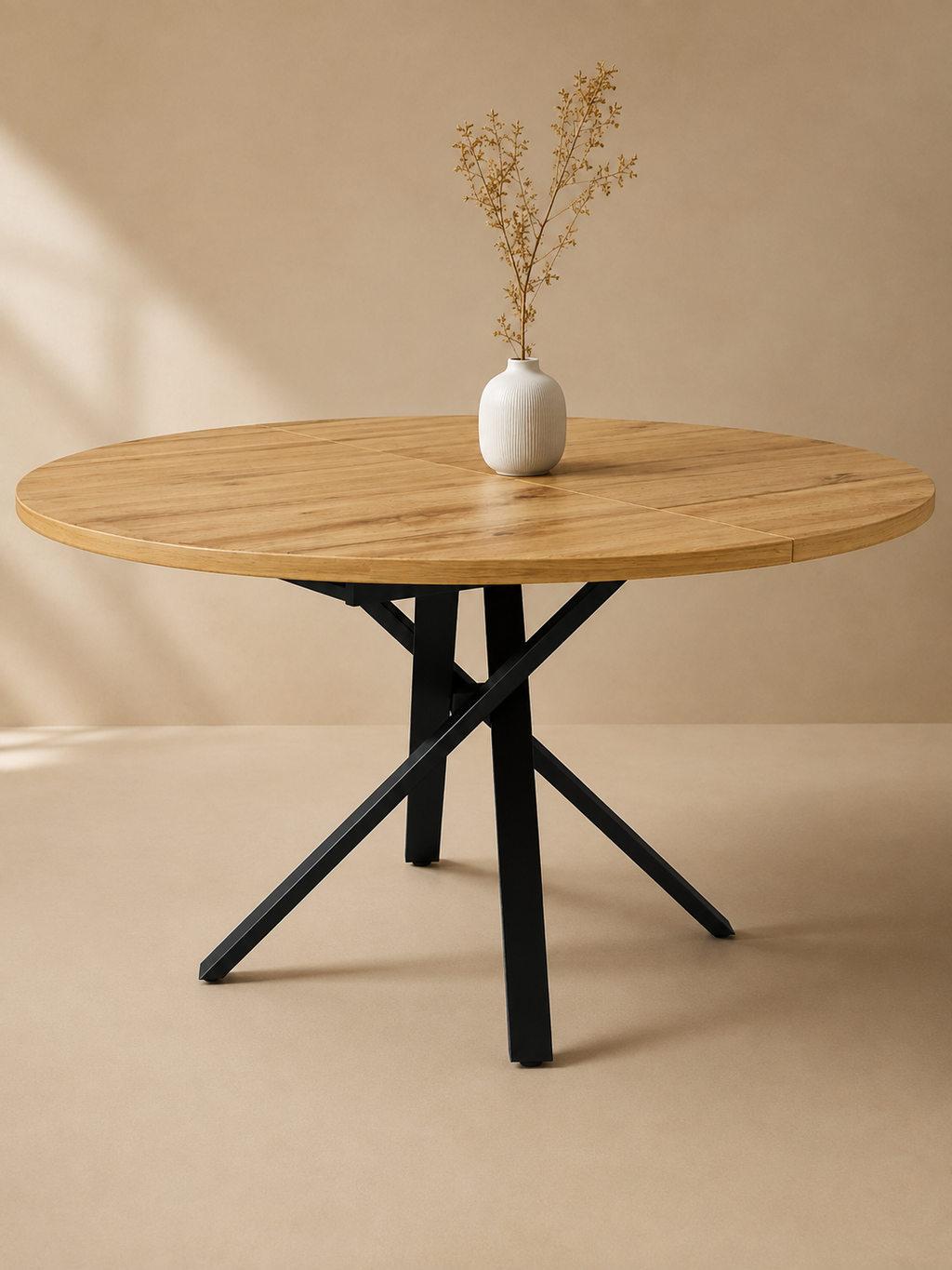 Convertia – Table ronde extensible 4 à 6 personnes, MDF, rangement intégré