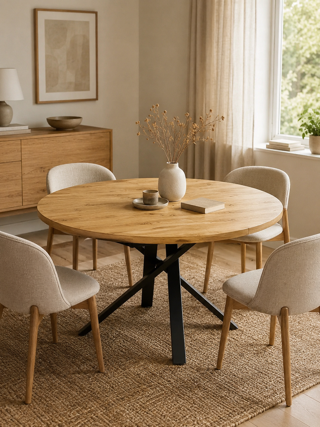 Convertia – Table ronde extensible 4 à 6 personnes, MDF, rangement intégré