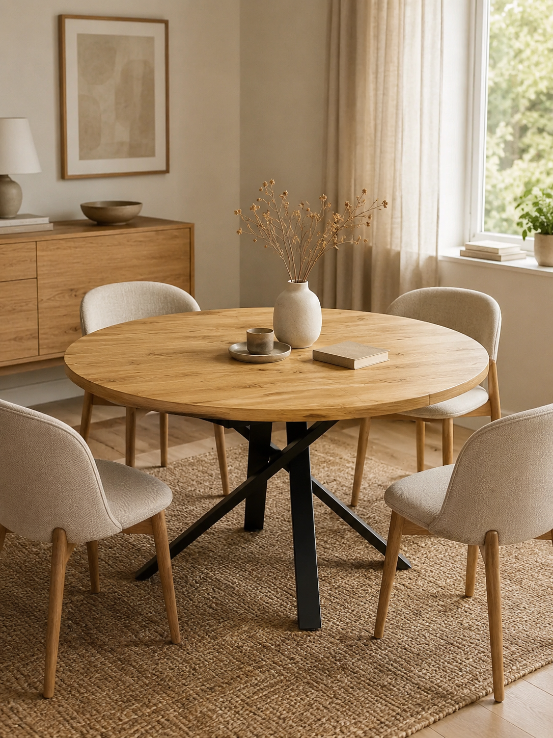 Convertia – Table ronde extensible 4 à 6 personnes, MDF, rangement intégré