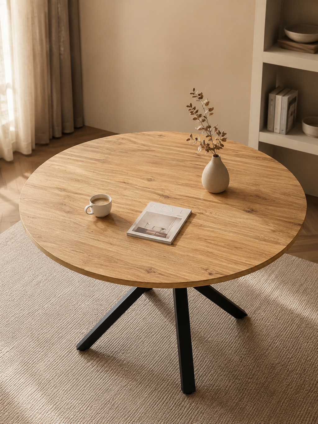 Convertia – Table ronde extensible 4 à 6 personnes, MDF, rangement intégré