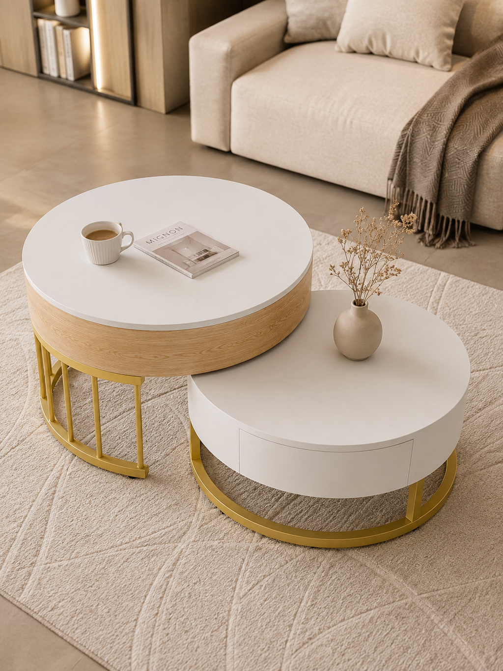 Modula – Tables basses gigognes hauteur ajustable, rangement