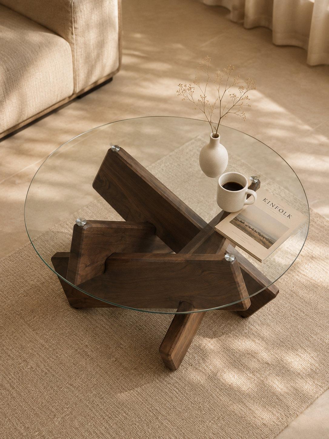 Croisée – Table basse ronde verre trempé, base en croix