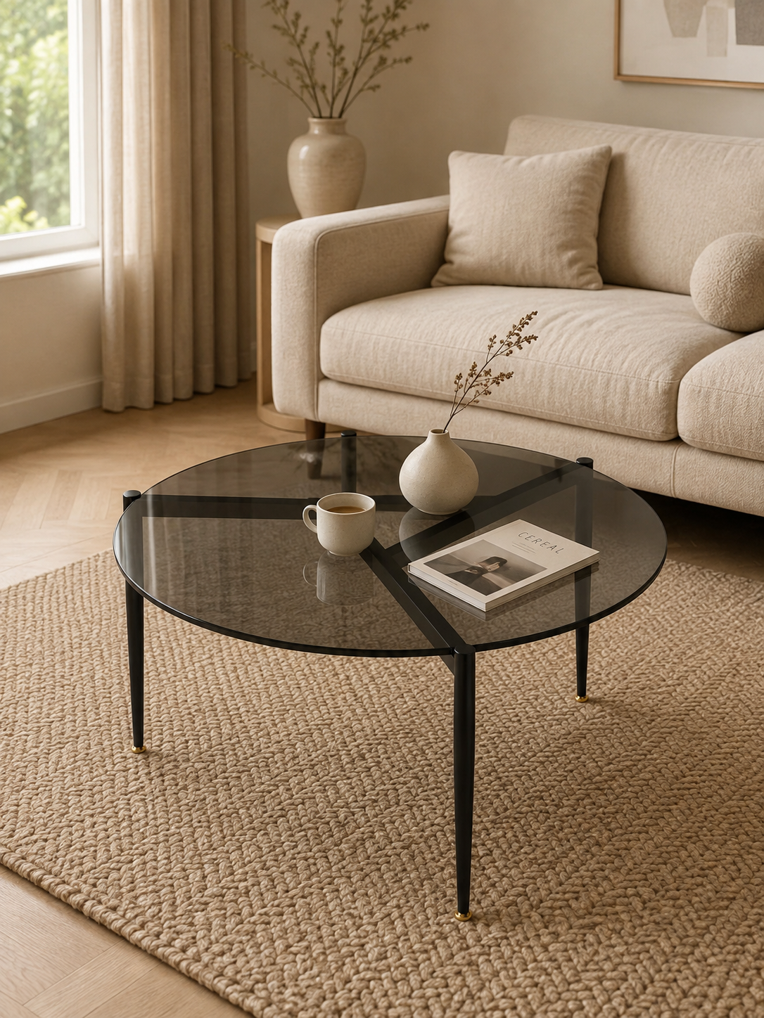 Cristalina – Table basse ronde verre trempé, métal