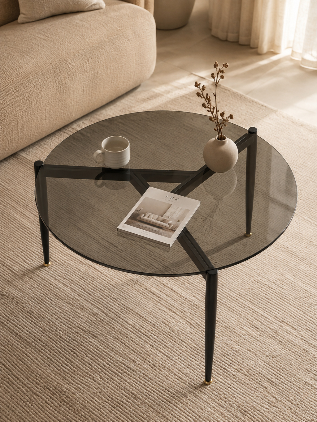 Cristalina – Table basse ronde verre trempé, métal