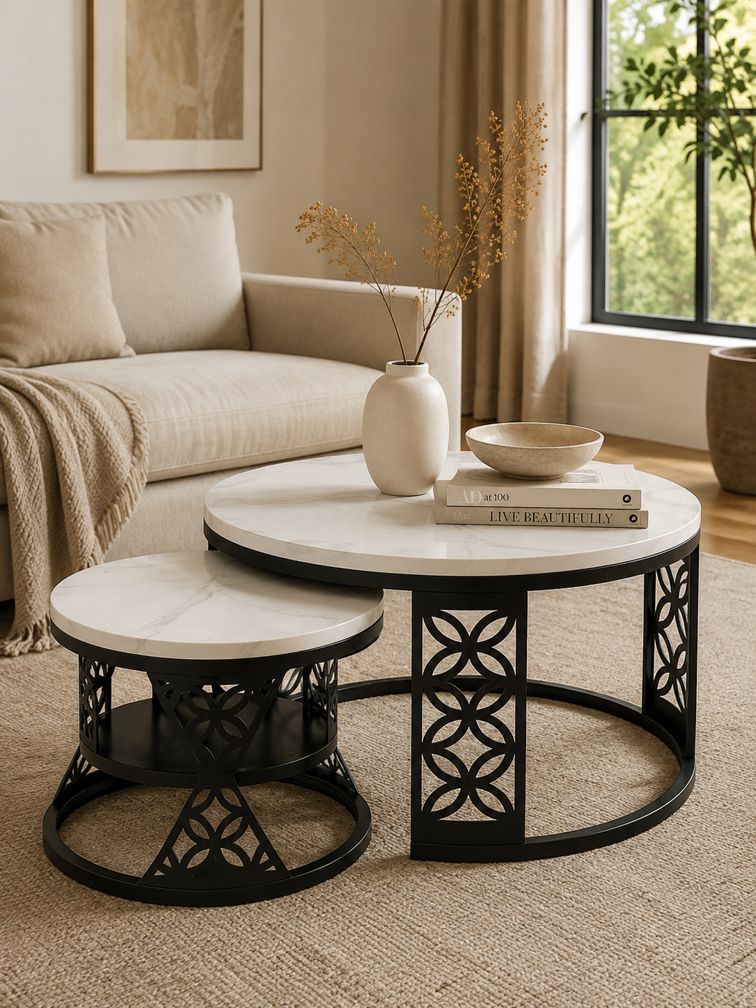 Marmorina – Tables basses gigognes rondes effet marbre, set de 2