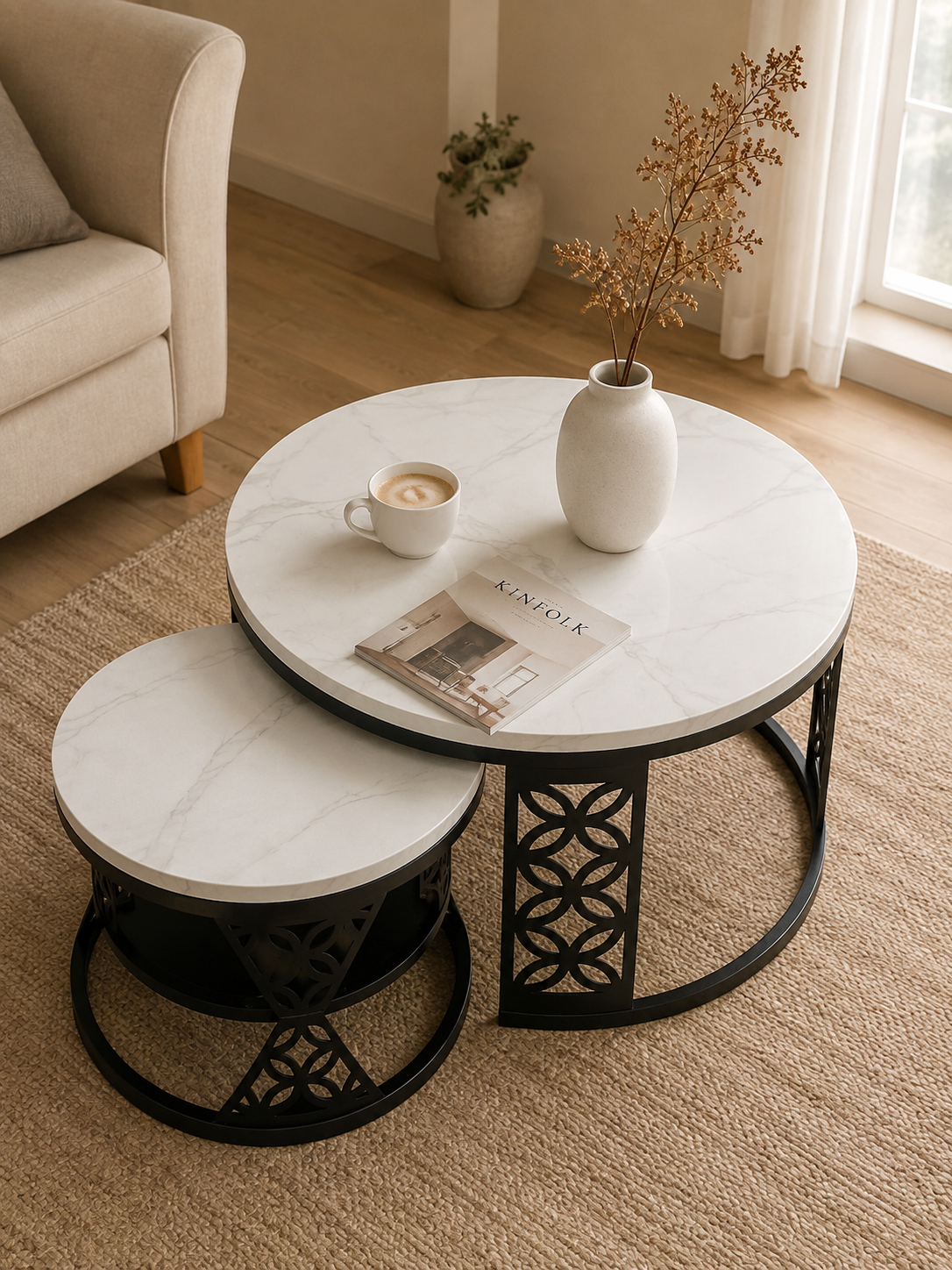 Marmorina – Tables basses gigognes rondes effet marbre, set de 2