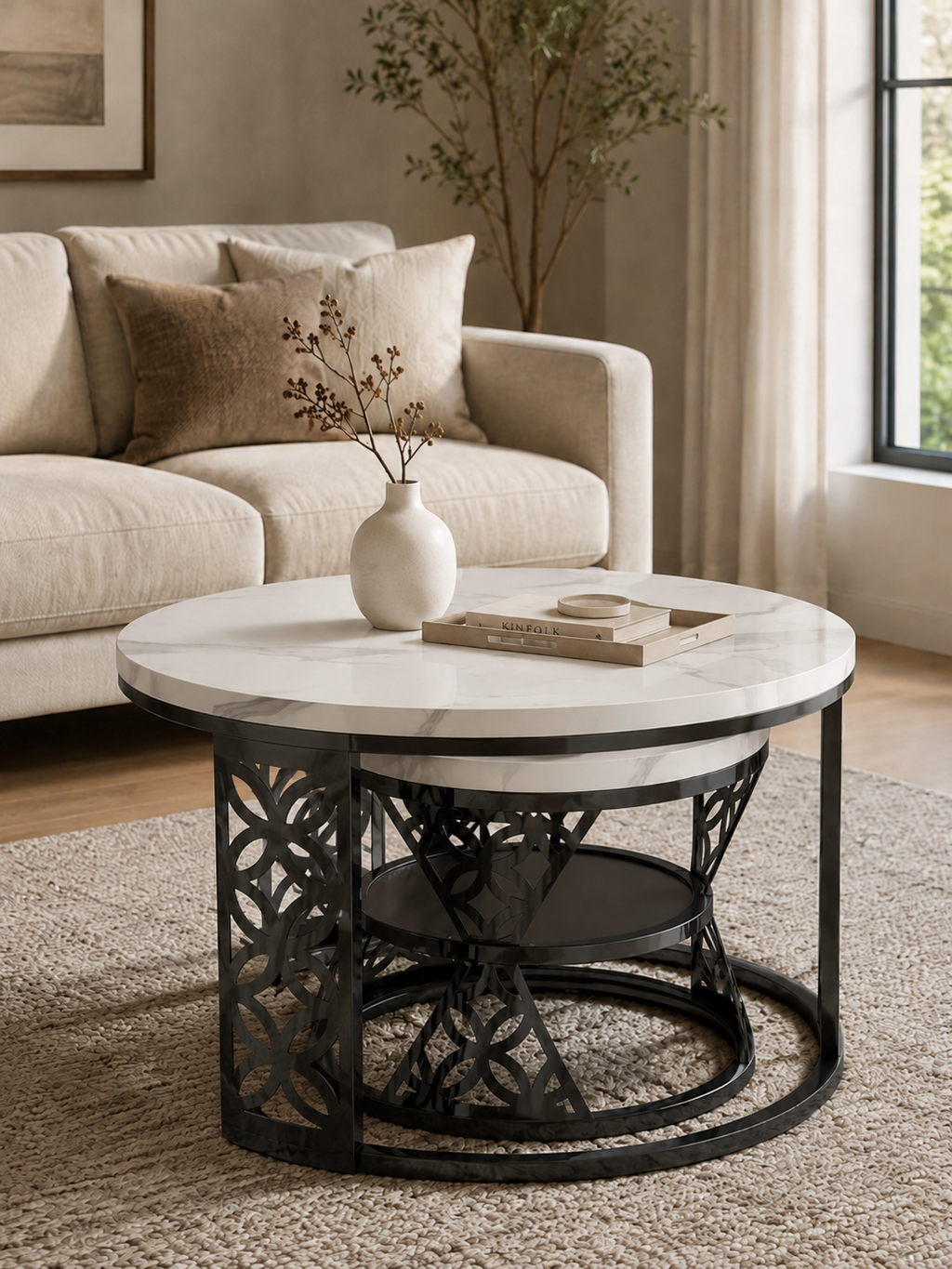 Marmorina – Tables basses gigognes rondes effet marbre, set de 2