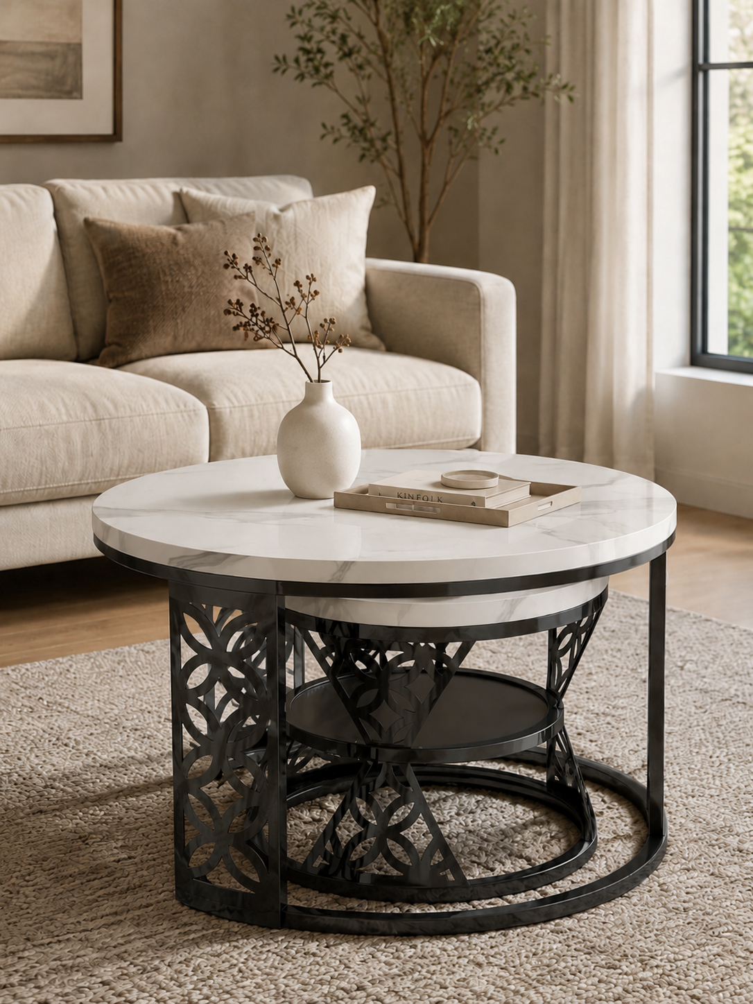 Marmorina – Tables basses gigognes rondes effet marbre, set de 2