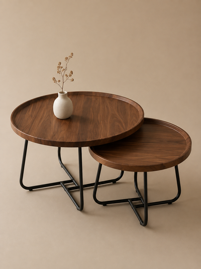 Cannelé – Tables basses gigognes rondes noyer, set de 2