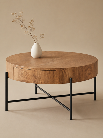 Discreta – Table basse ronde bois, 2 tiroirs