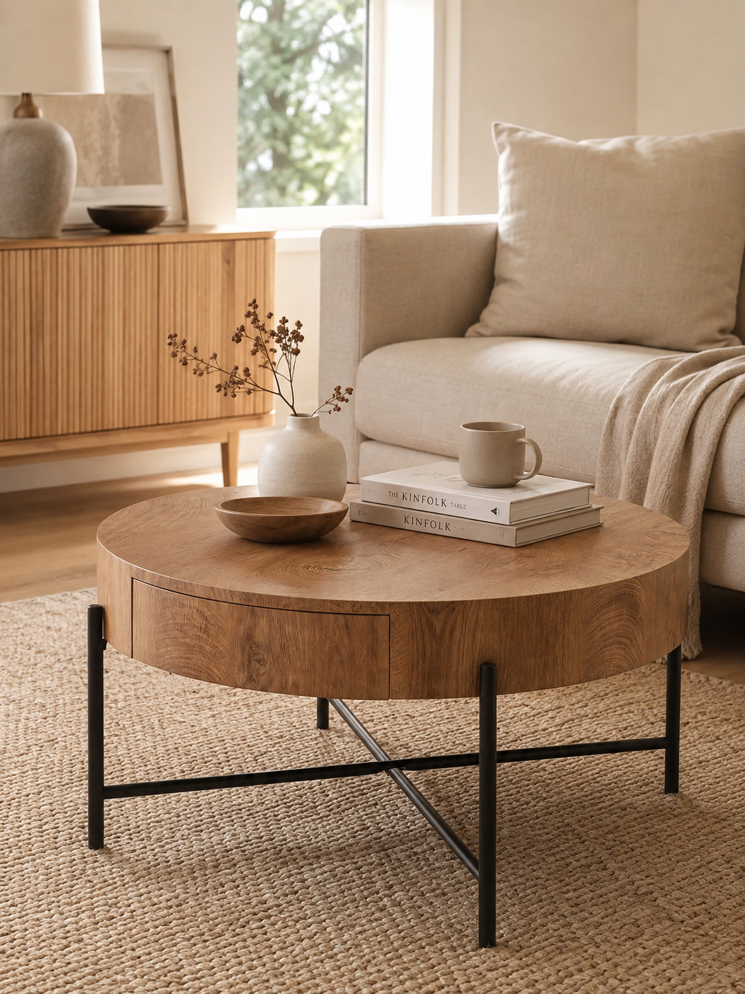 Discreta – Table basse ronde bois, 2 tiroirs