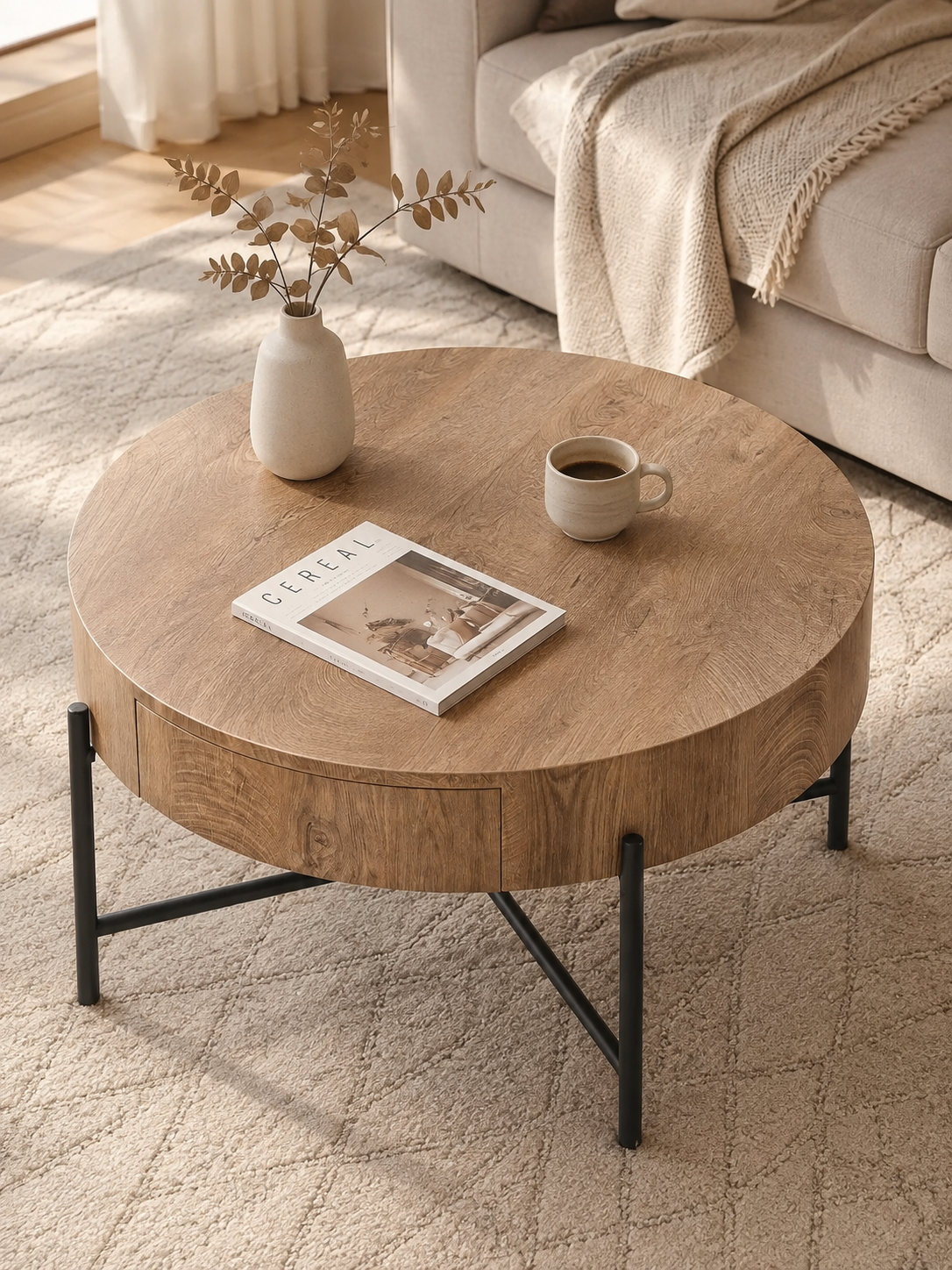 Discreta – Table basse ronde bois, 2 tiroirs