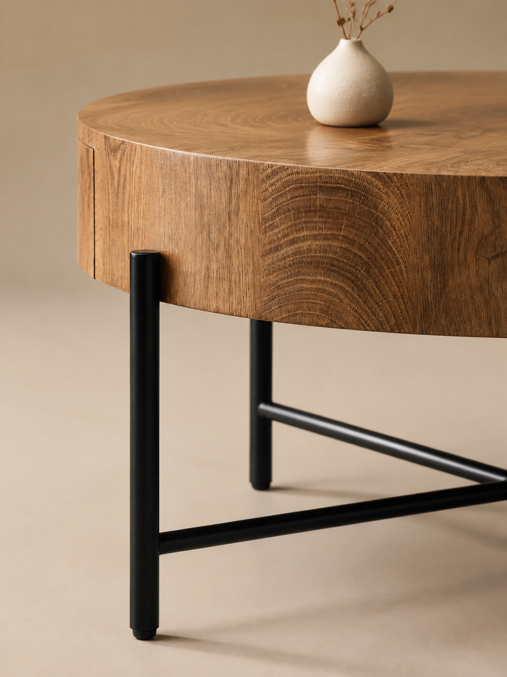 Discreta – Table basse ronde bois, 2 tiroirs