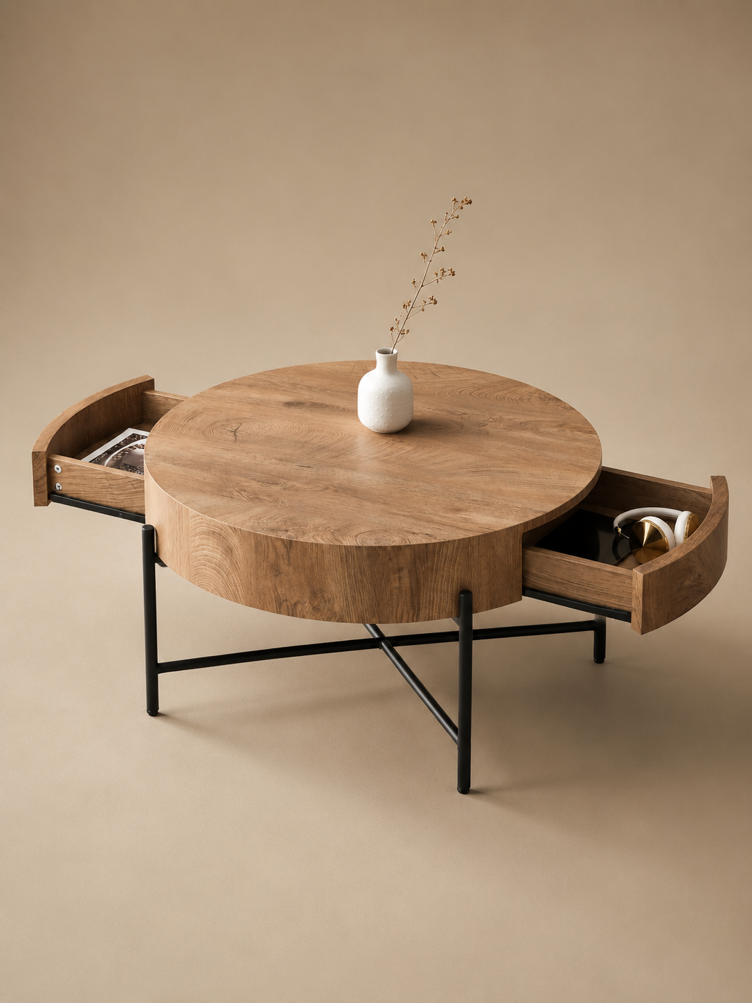 Discreta – Table basse ronde bois, 2 tiroirs