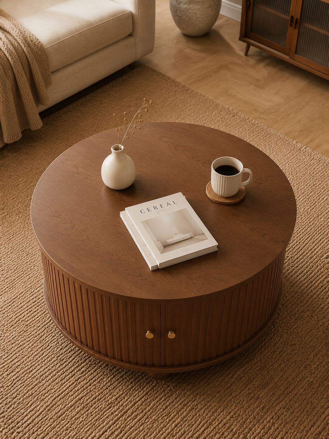 Relief – Table basse ronde rangement, 2 portes coulissantes
