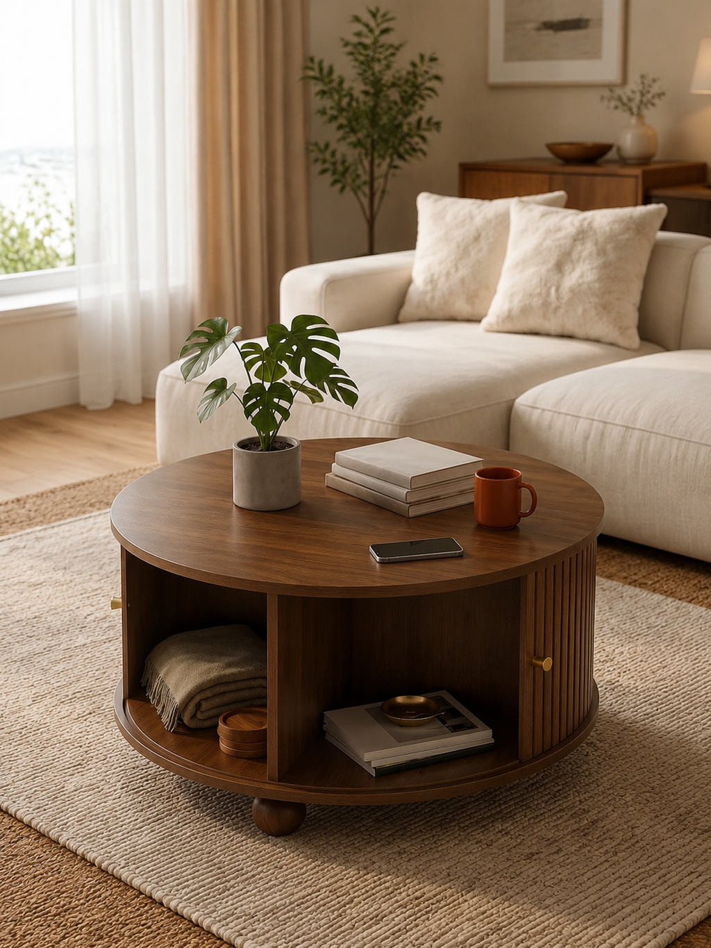 Relief – Table basse ronde rangement, 2 portes coulissantes