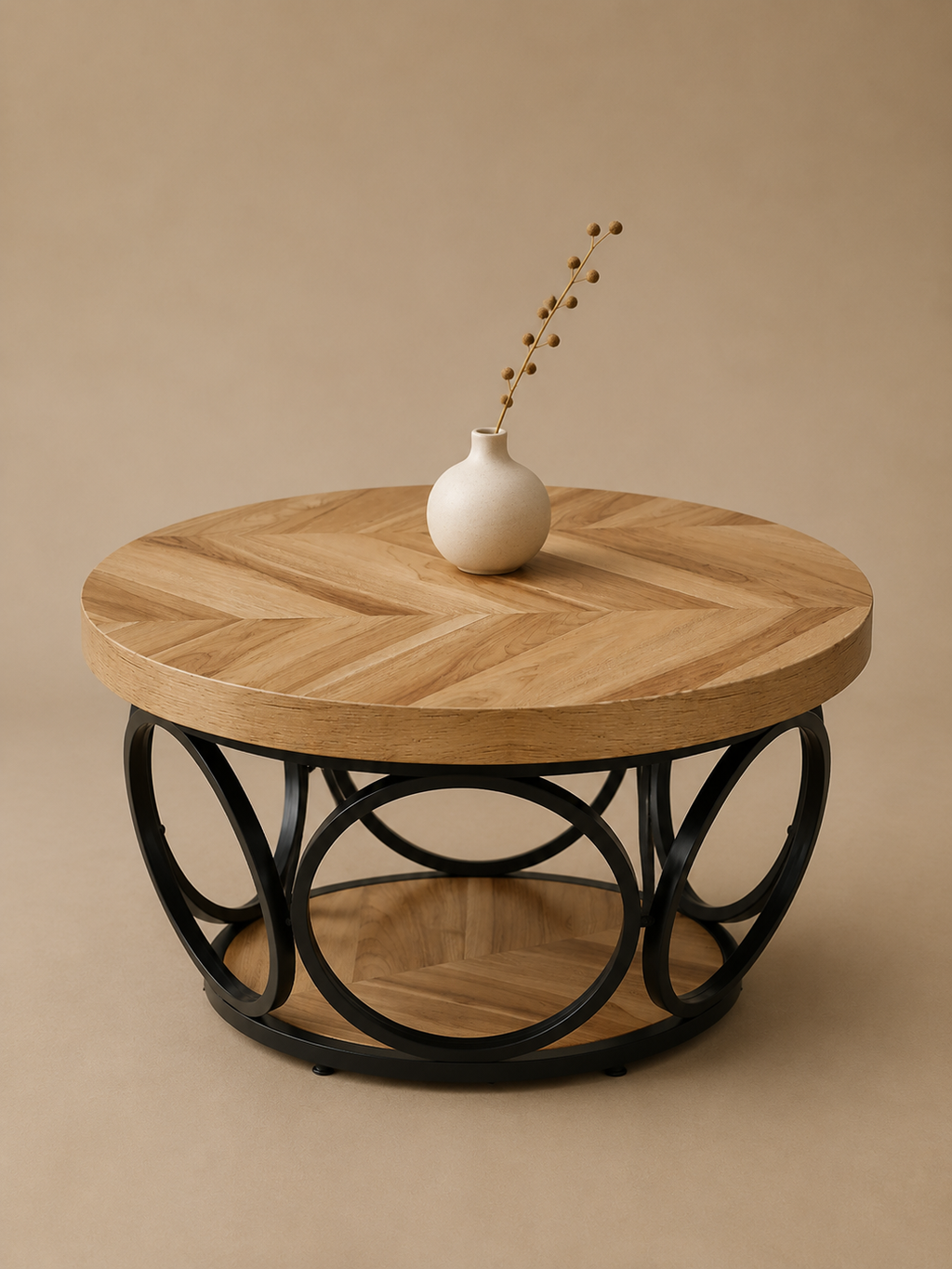 Antiga – Table basse ronde effet bois 80cm, 2 niveaux