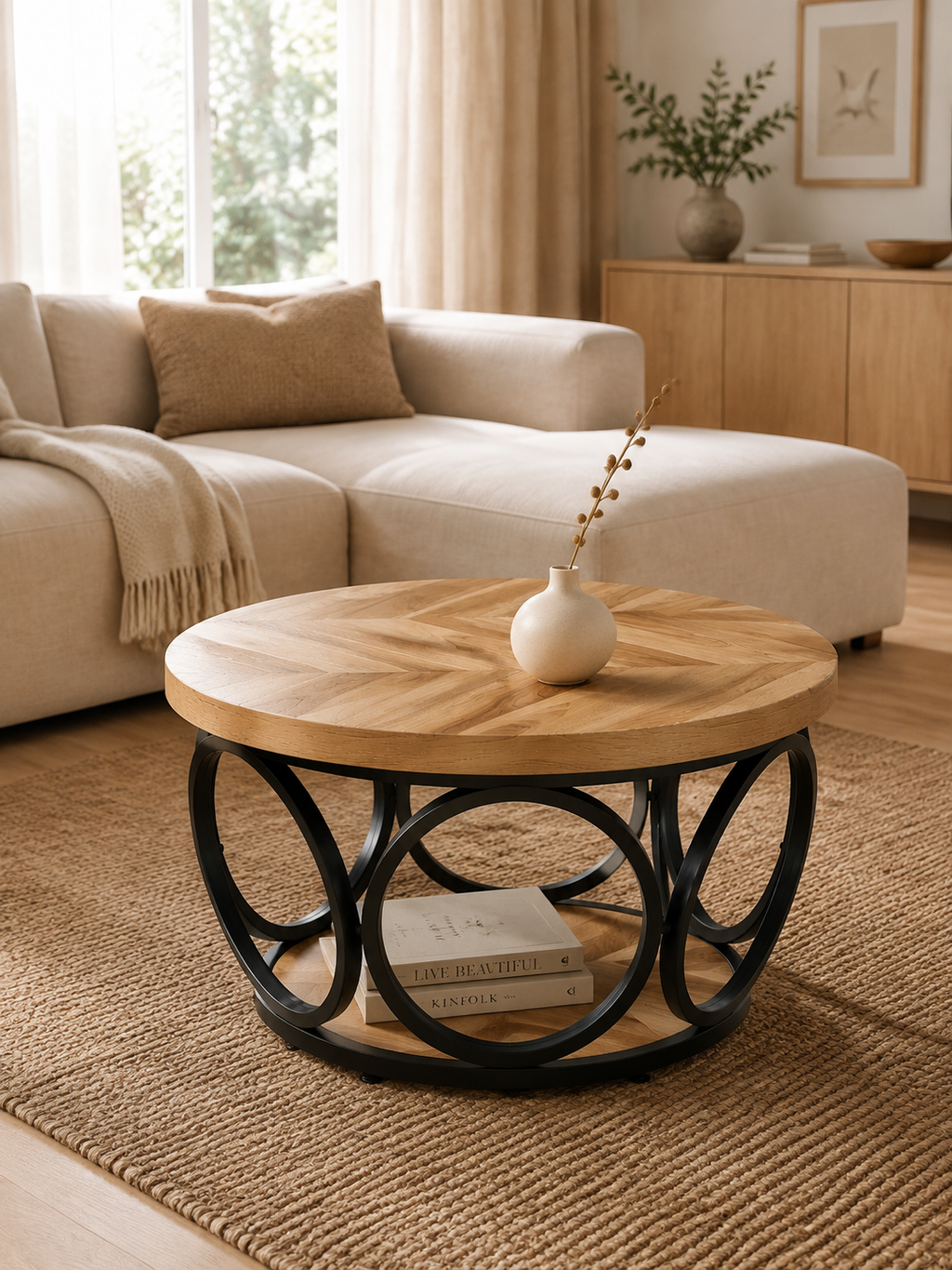Antiga – Table basse ronde effet bois 80cm, 2 niveaux