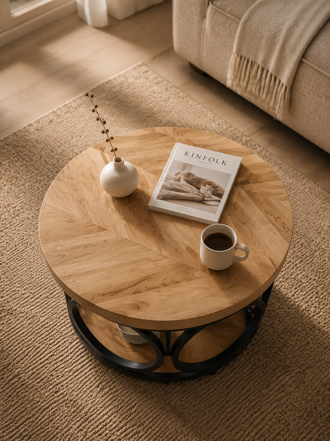 Antiga – Table basse ronde effet bois 80cm, 2 niveaux
