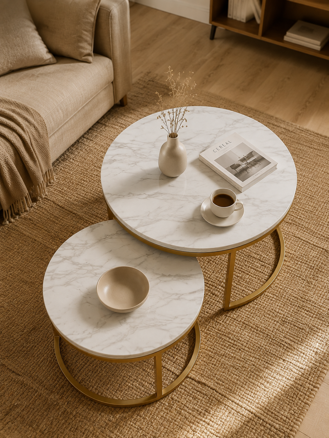 Argente – Tables basses gigognes rondes effet marbre, pieds métal