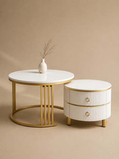 Aurelia – Tables basses gigognes rondes effet marbre, 2 tiroirs