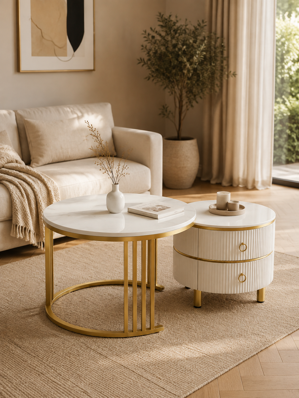Aurelia – Tables basses gigognes rondes effet marbre, 2 tiroirs