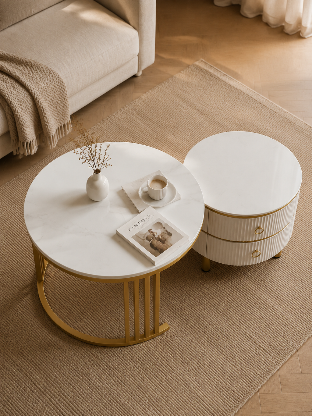 Aurelia – Tables basses gigognes rondes effet marbre, 2 tiroirs