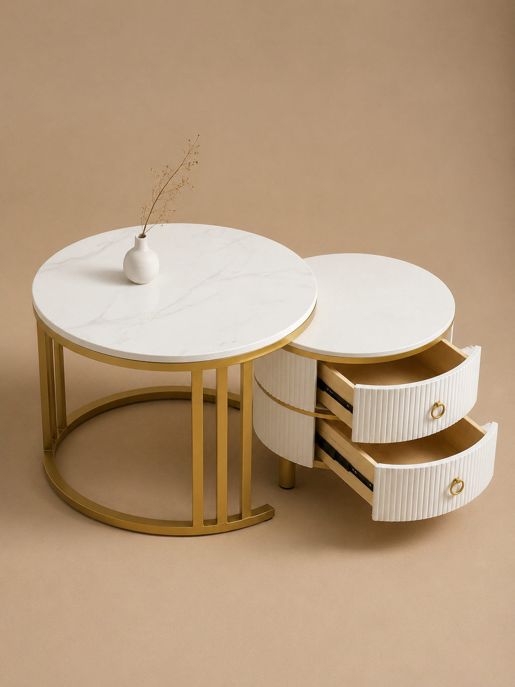 Aurelia – Tables basses gigognes rondes effet marbre, 2 tiroirs