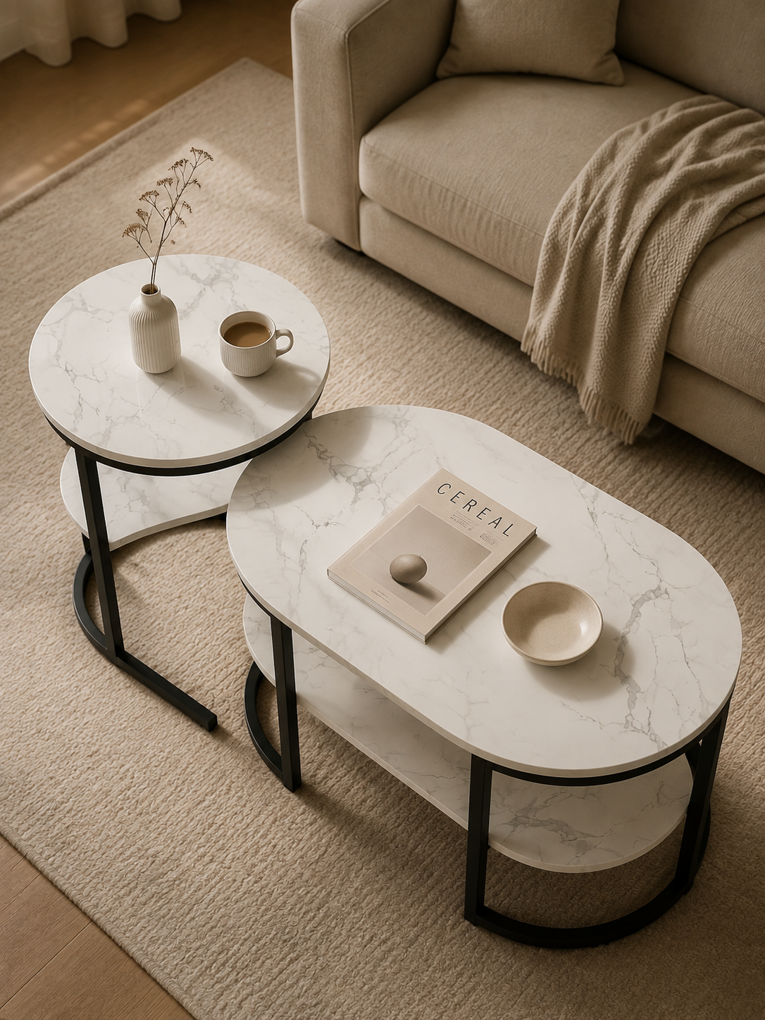 Anajqaqia – Tables basses gigognes rondes effet marbre, rangement