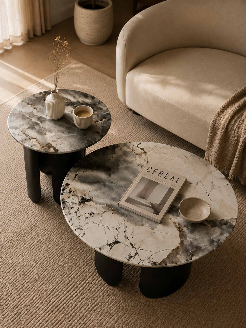 Nordica – Tables basses gigognes rondes en marbre, nordique