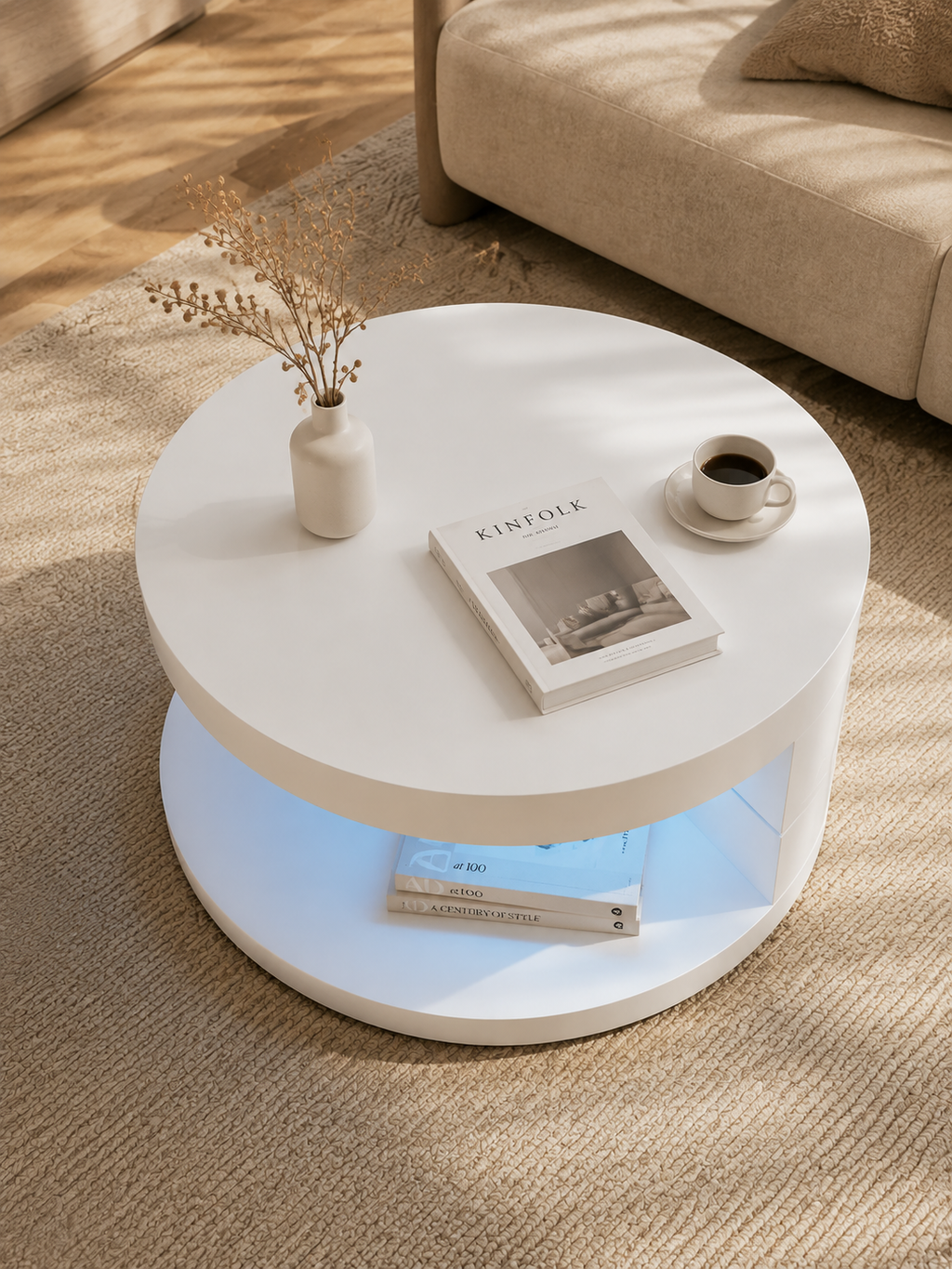 Rotativa – Table basse ronde pivotante LED, 2 niveaux