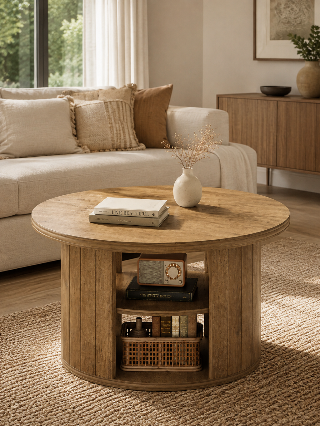 Conica – Table basse ronde bois rustique, 3 niveaux