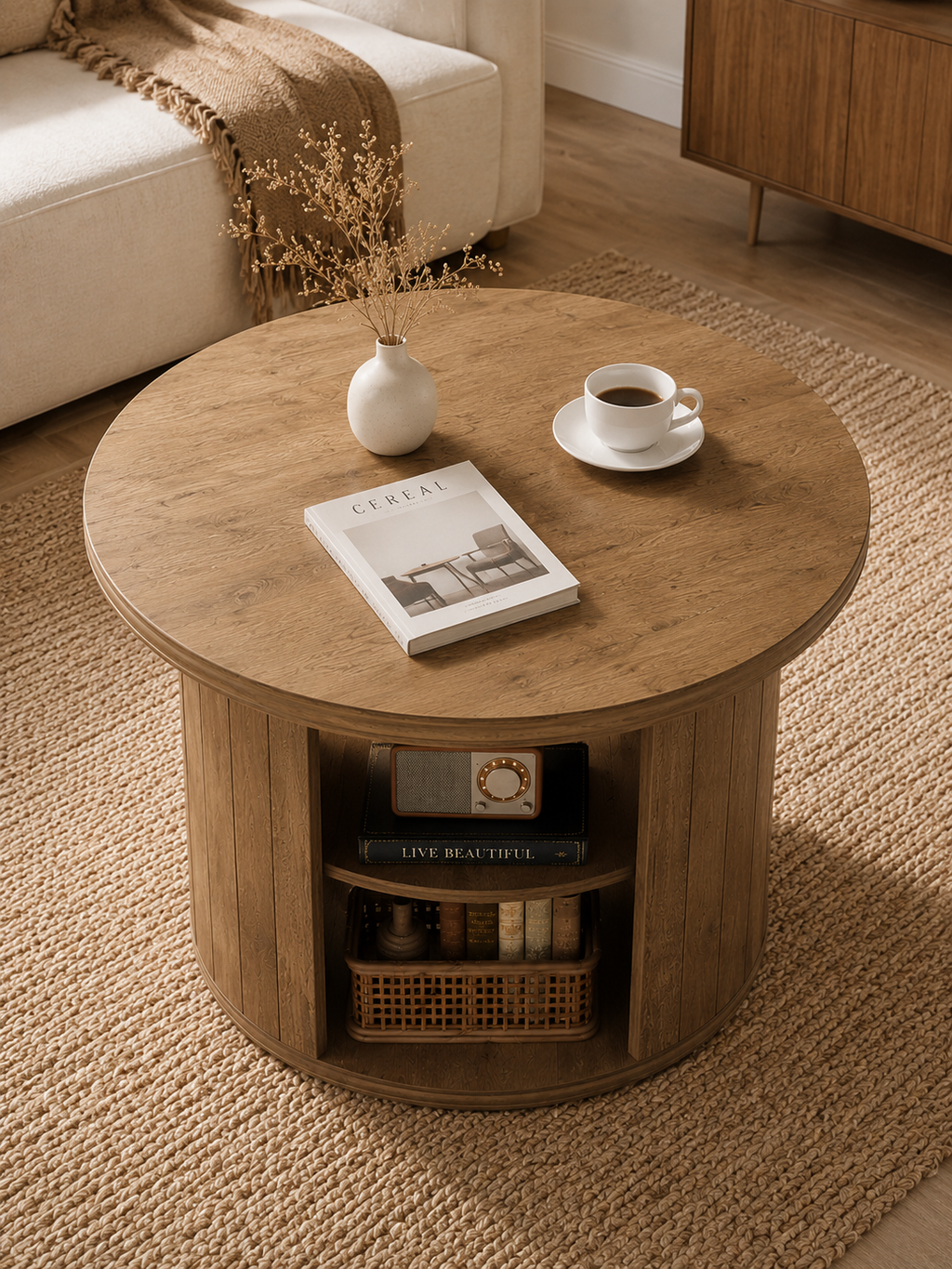 Conica – Table basse ronde bois rustique, 3 niveaux