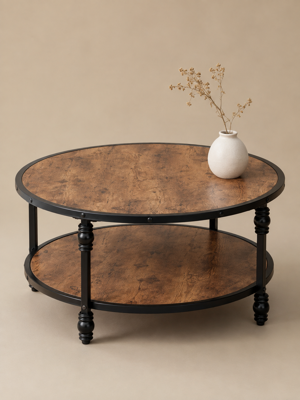 Romana – Table basse ronde bois, 2 niveaux, colonnes
