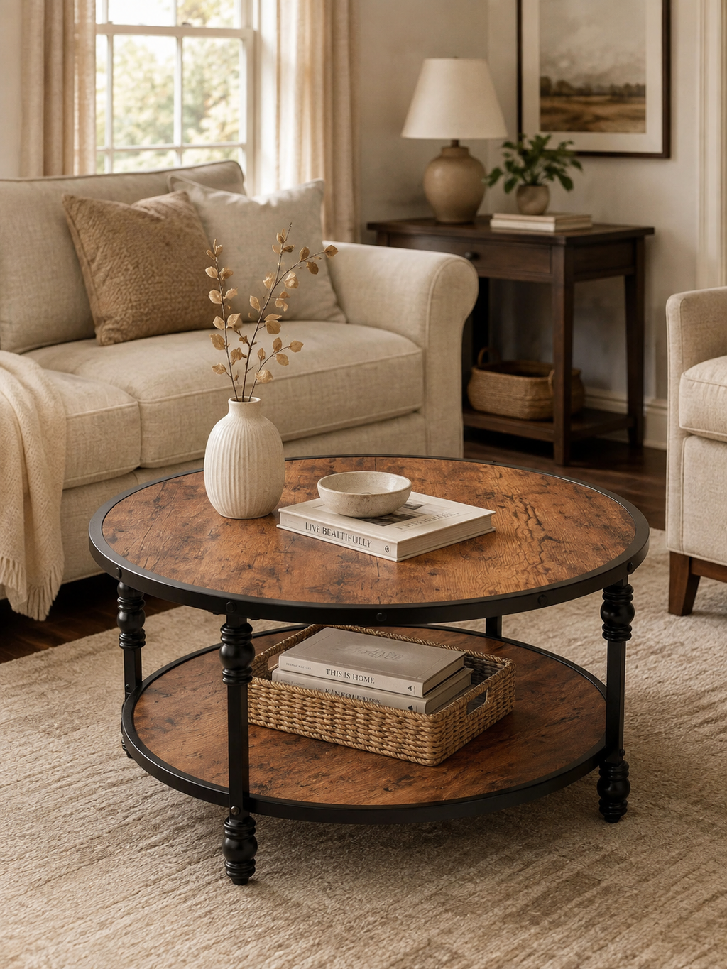 Romana – Table basse ronde bois, 2 niveaux, colonnes