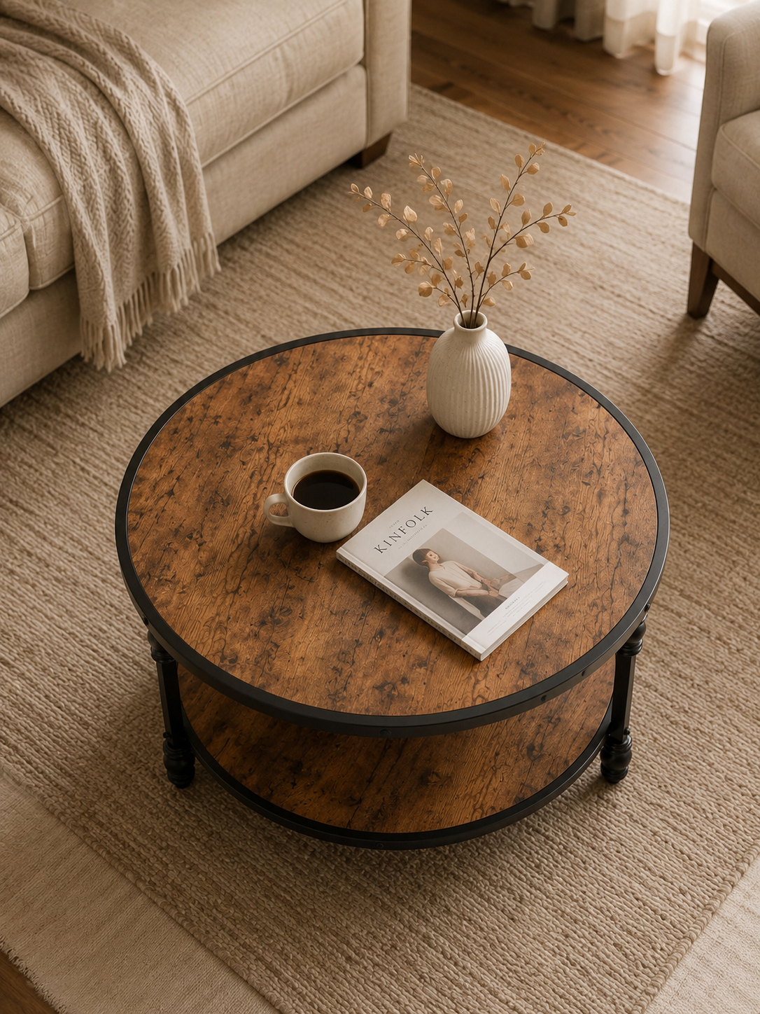 Romana – Table basse ronde bois, 2 niveaux, colonnes