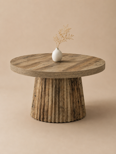 Colonna – Table basse ronde effet bois, pied colonne cannelé